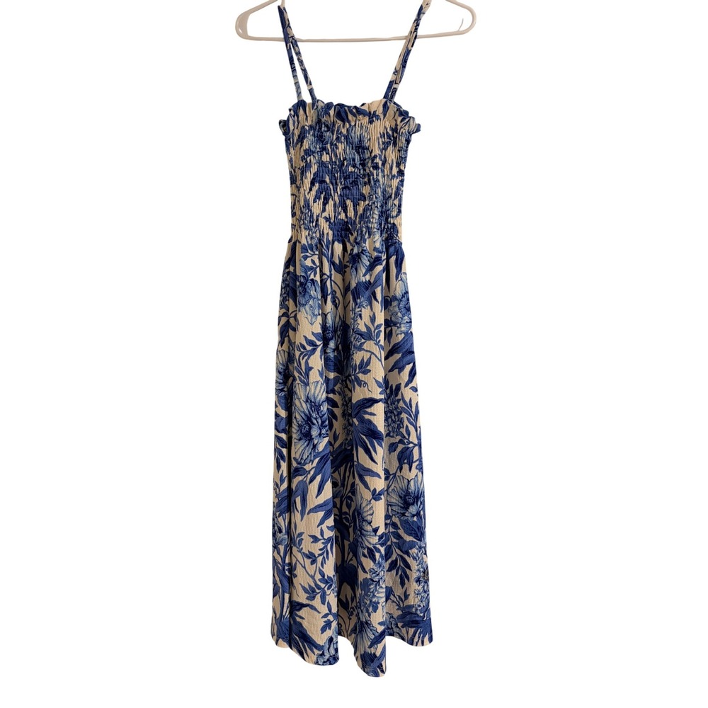 H&M Smocked Floral Maxi Dress Blue White Spaghetti Straps Midi